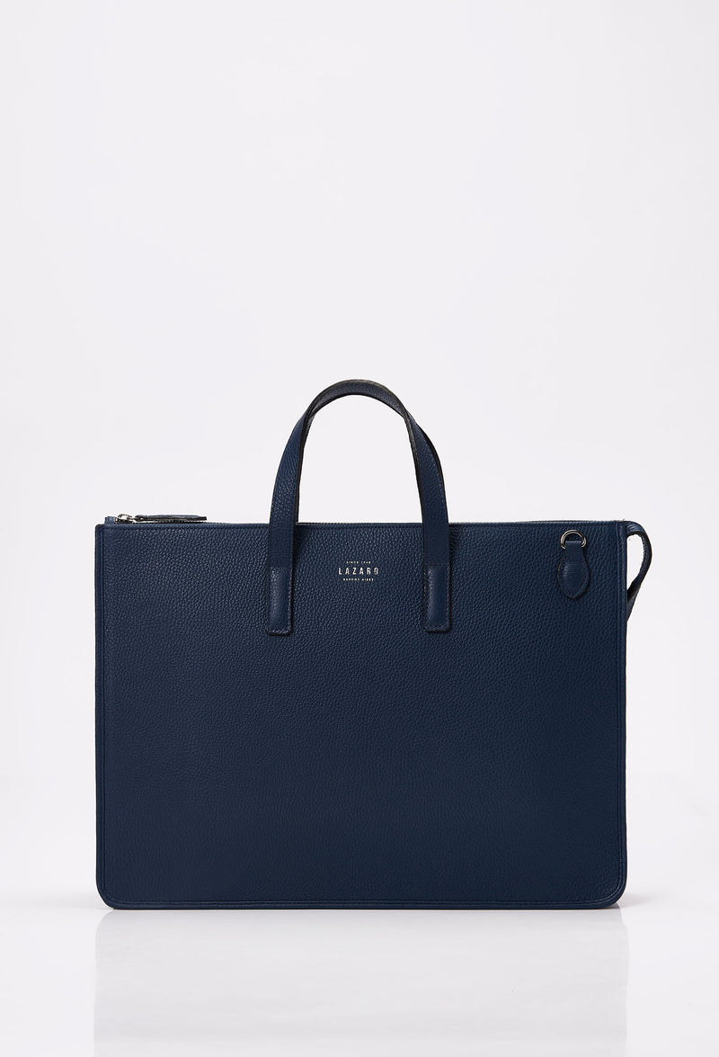 Front of a Blue Leather Slim Briefcase with Lazaro logo.