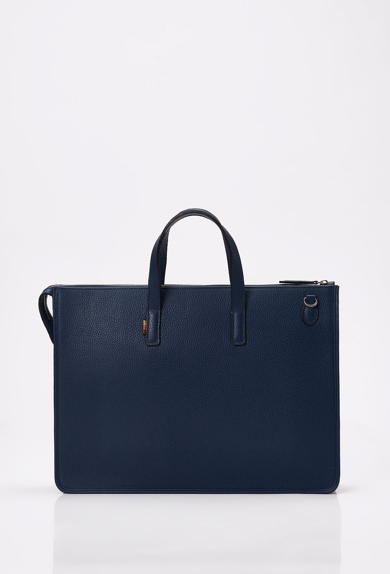Rear of a Blue Leather Slim Briefcase.