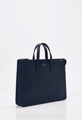 Side of a Blue Leather Slim Briefcase with Lazaro logo.
