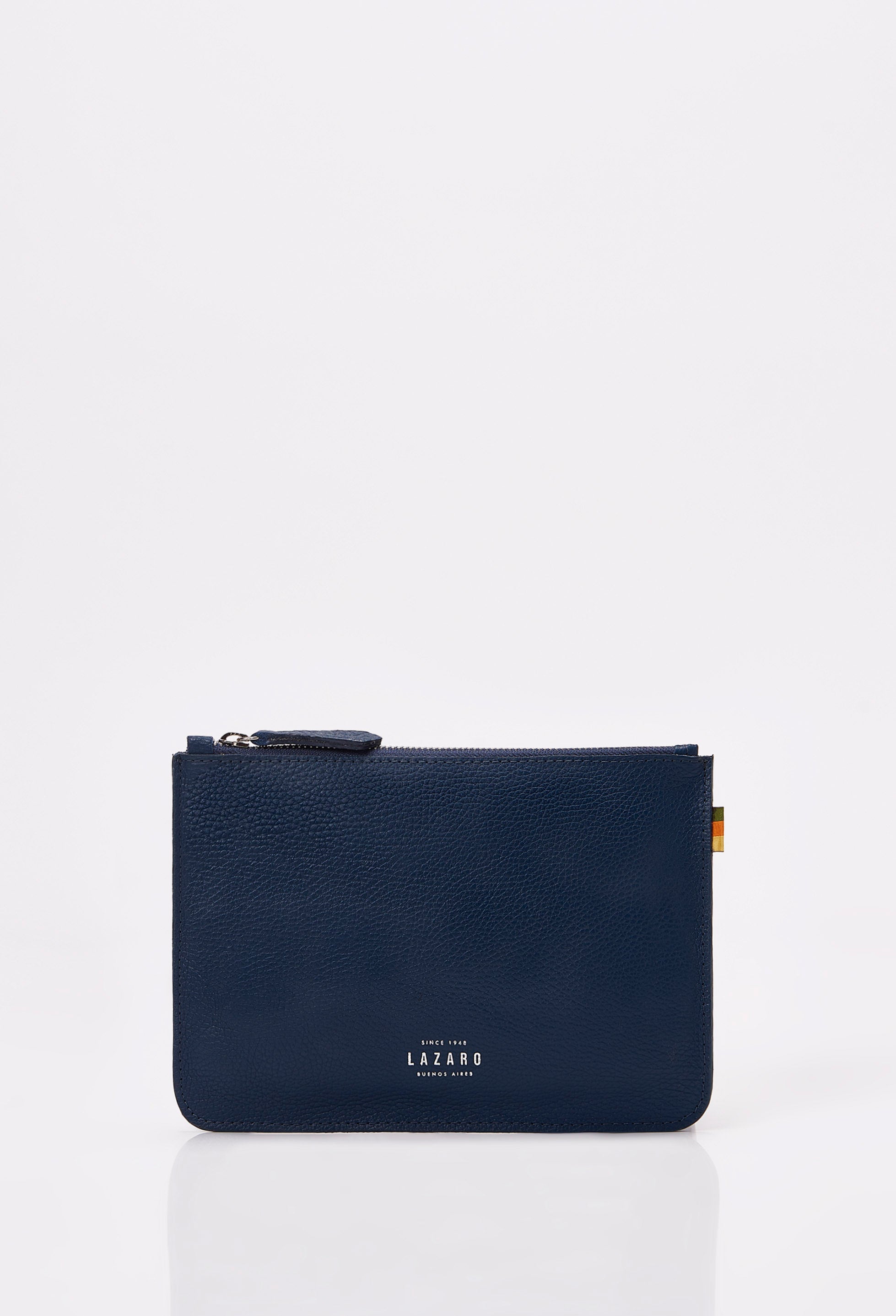 Front of a Blue Leather Zipper Pouch with Lazaro logo.