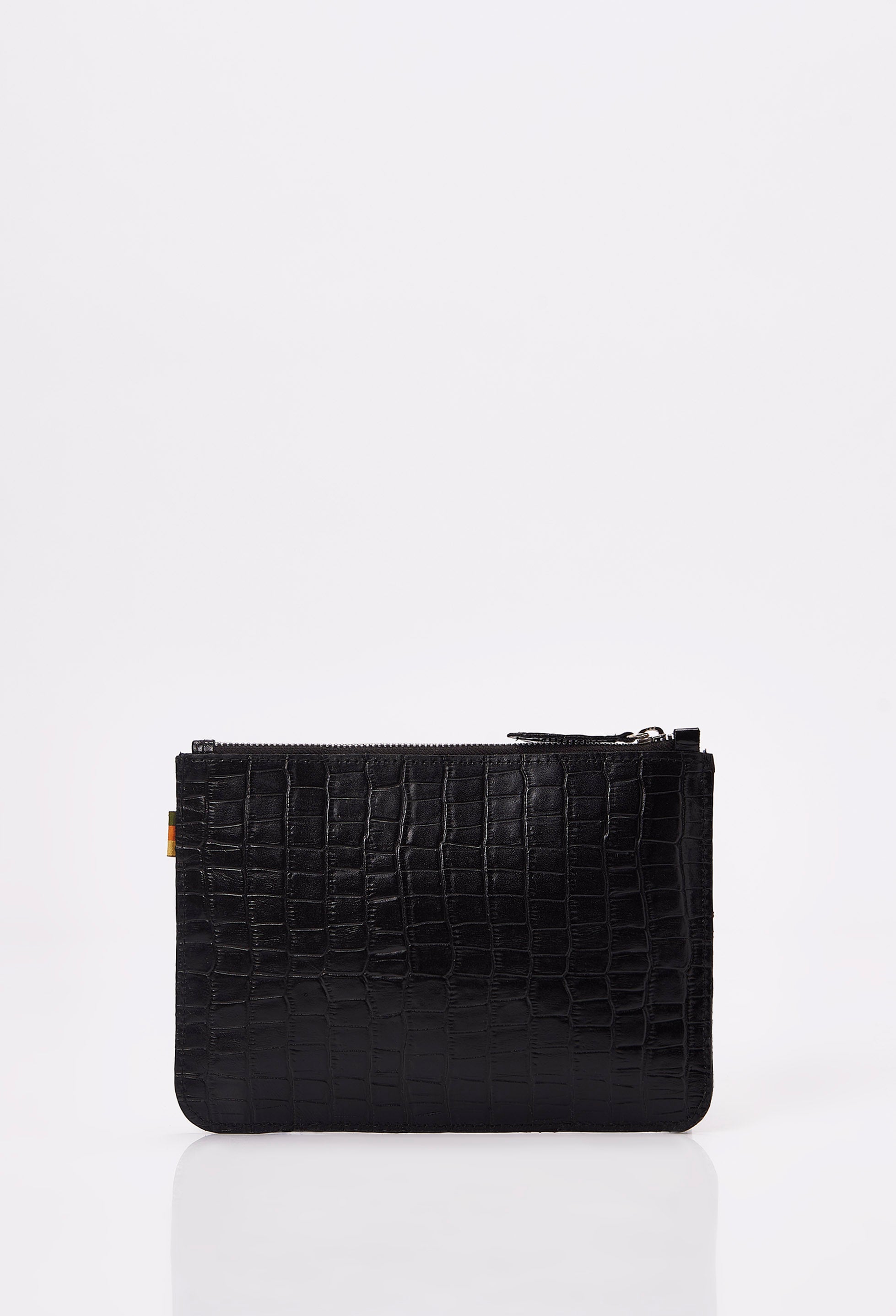 Rear of a Black Croco Leather Zipper Pouch.