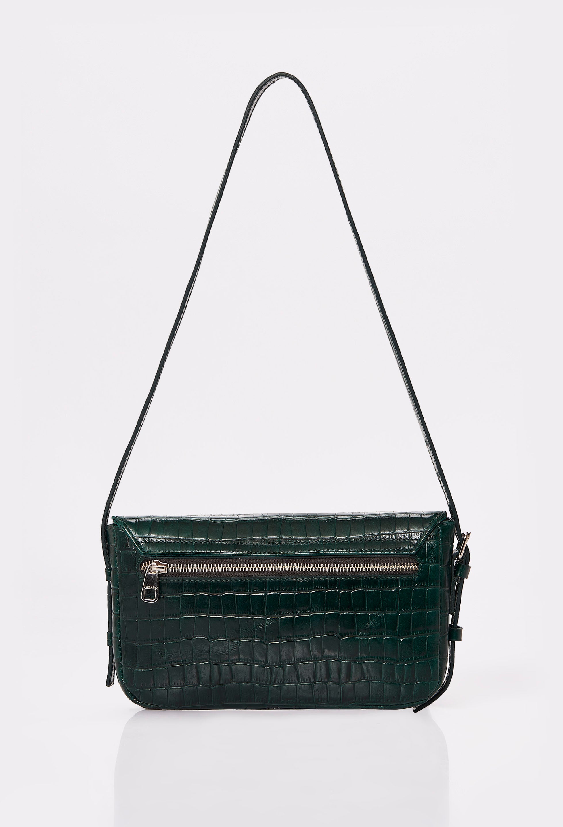 Rear of a Green Croco Leather Shoulder Flap Bag Gwen with a zippered pocket.