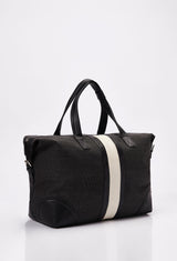 Side of a Off White Large Canvas Duffel Bag with Lazaro logo, leather stripes and handles.