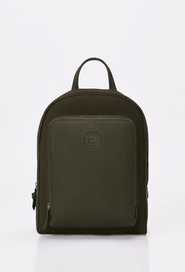 Front of a Olive Neoprene and Leather Backpack with Lazaro logo and a front zippered pocket.