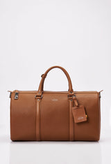 Front of a Tan Leather Duffel Bag with lock closure, Lazaro logo, leather id tag and leather handles.