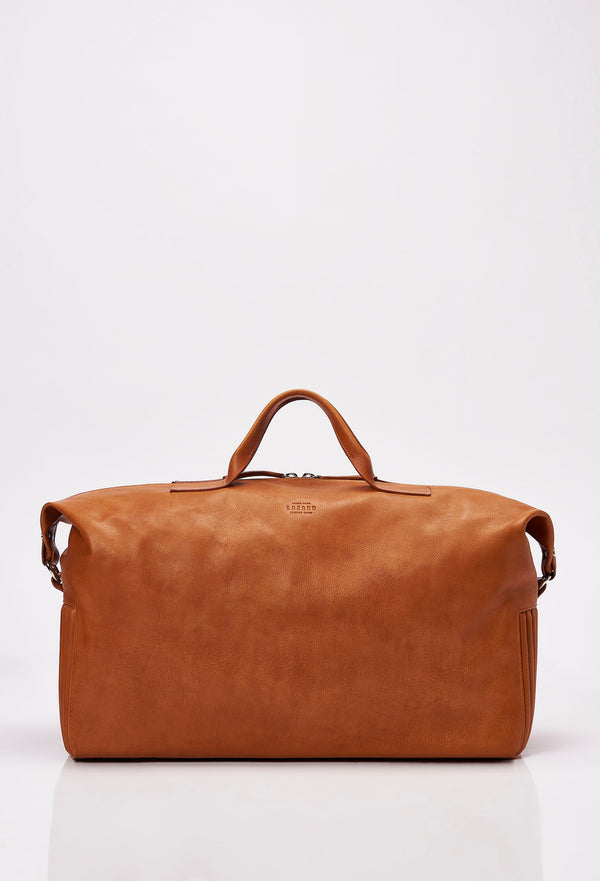 Front of a Tan Leather Duffel Bag with Lazaro logo.