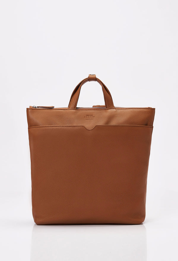 Front of a Tan Leather Tote Backpack with Lazaro logo and a front zippered pocket.