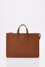 Front of a Tan Leather Slim Briefcase with Lazaro logo.