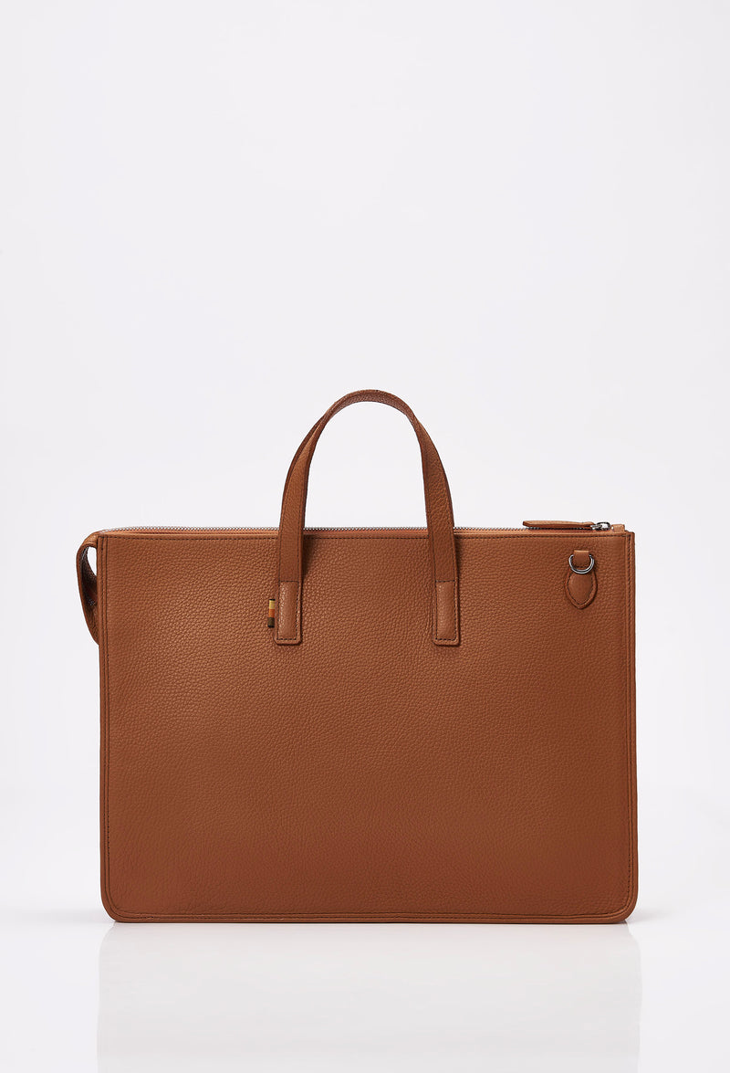 Rear of a Tan Leather Slim Briefcase.