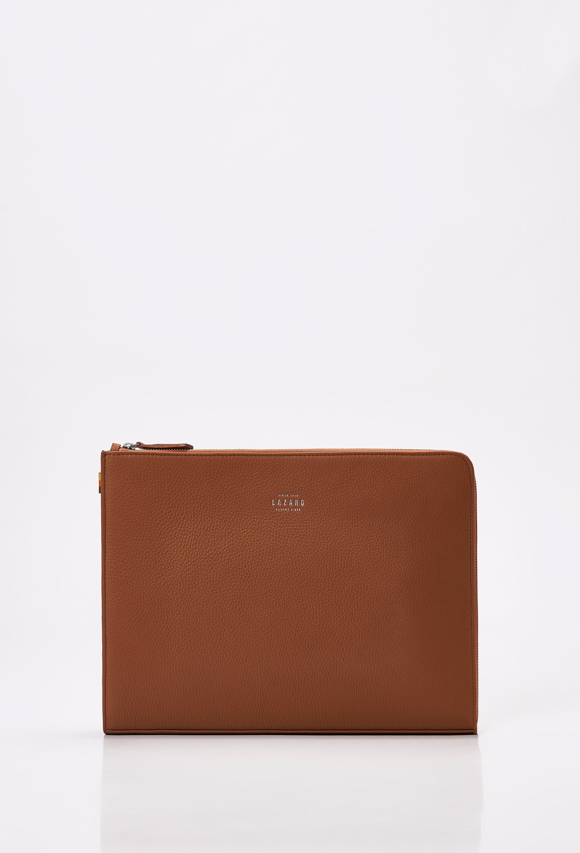 Front of a Tan Leather Slim Computer Case with Lazaro logo.