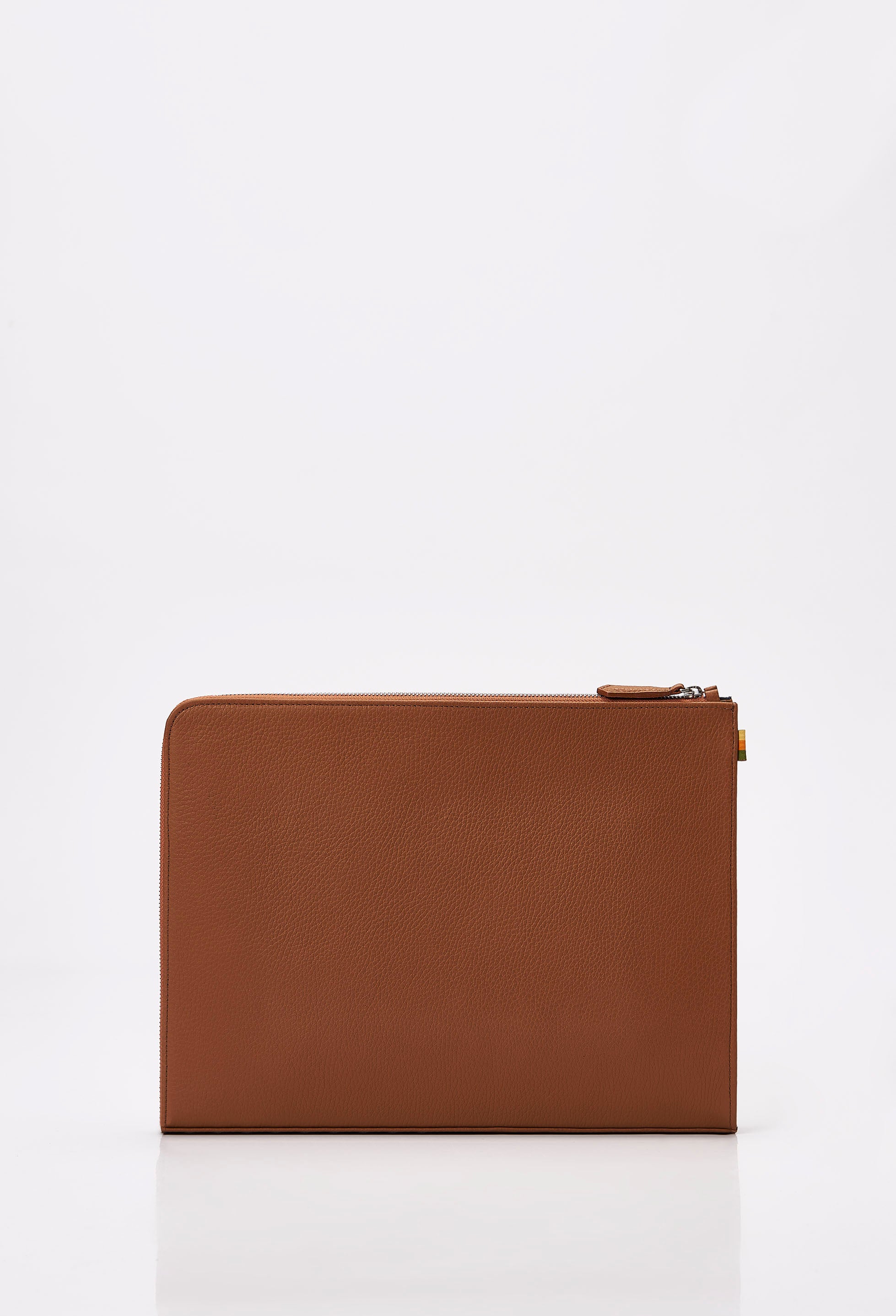 Rear of a Tan Leather Slim Computer Case.