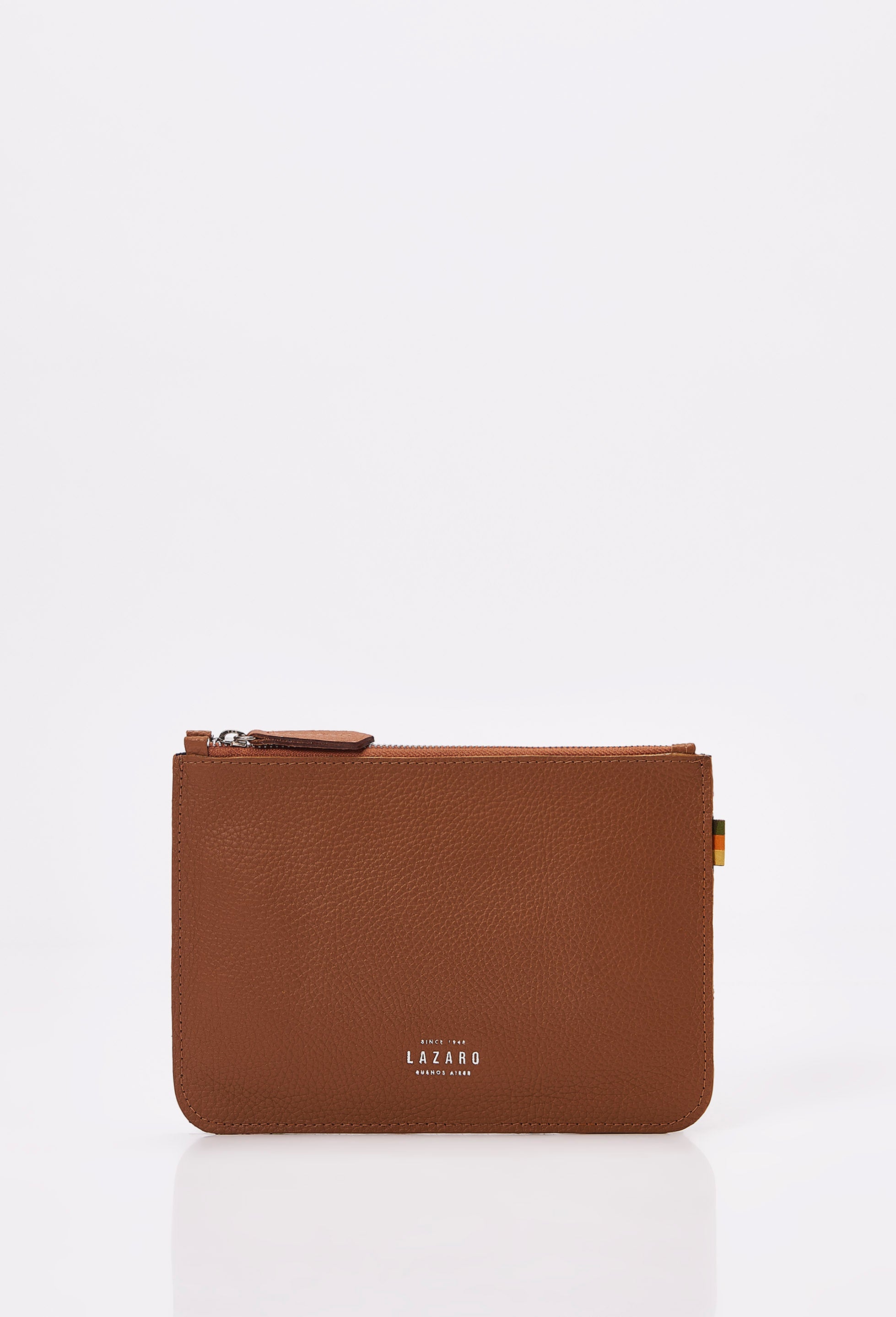 Front of a Tan Leather Zipper Pouch with Lazaro logo.