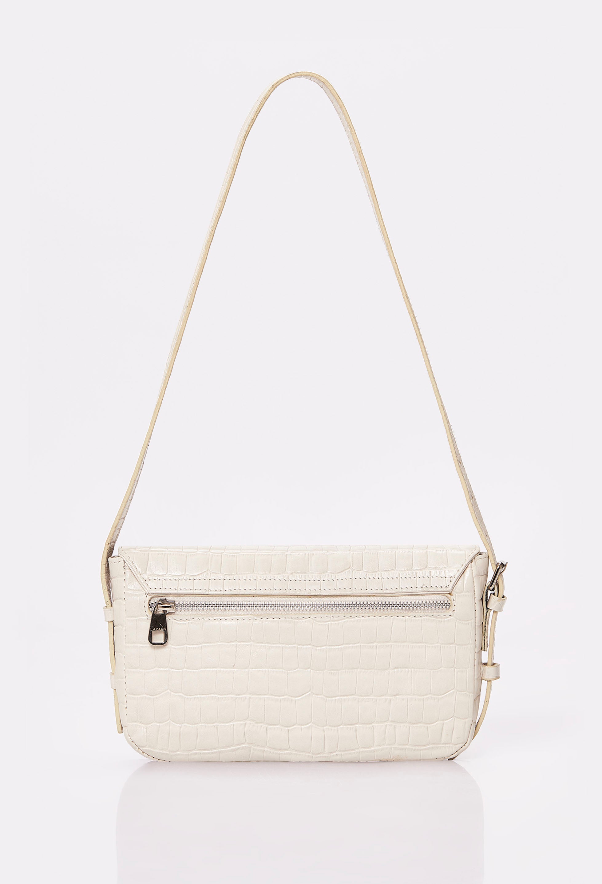 Rear of a White Croco Leather Shoulder Flap Bag Gwen with a zippered pocket.
